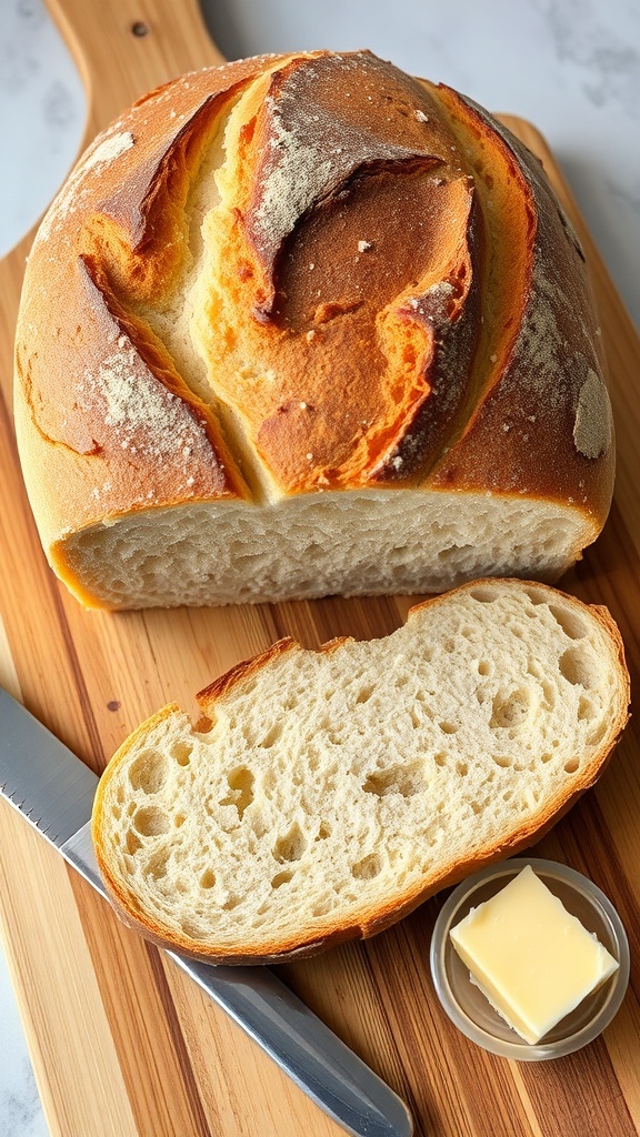 Quick Sourdough Bread Recipe A golden-brown crusty sourdough bread on a wooden board with a knife and butter.